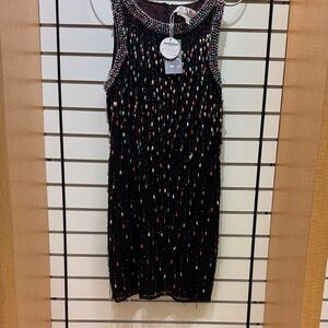 Adrianna Papell Black Multicolor Beaded Mini Dress